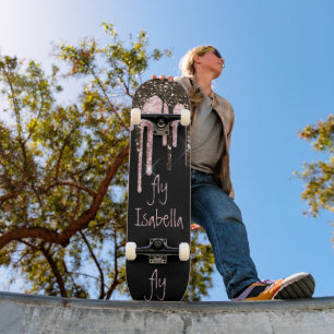 Black Pink Glitter Girly Sparkle Personalized Name Skateboard