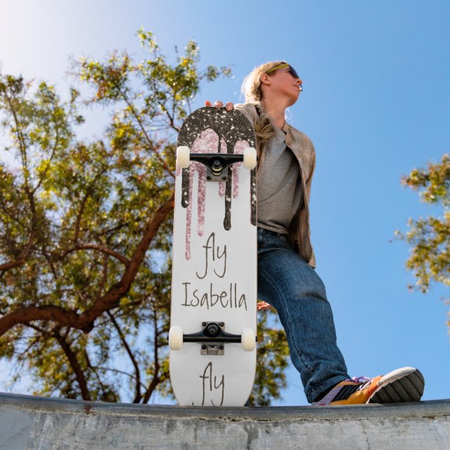 Black Pink Glitter Girly Sparkle Personalized Name Skateboard (Outdoor 1)