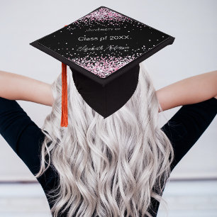 Black pink glitter name school graduation cap topper