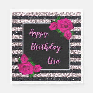 Black Pink Glitter Stripes Pink Roses Birthday Napkin