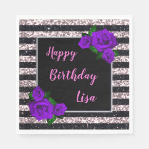 Black Pink Glitter Stripes Purple Roses Birthday Napkin