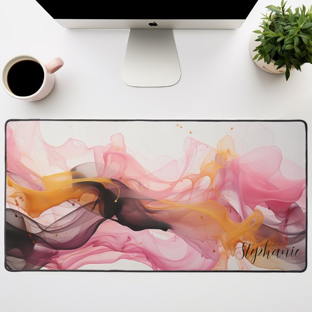 Black Pink Gold Abstract Liquid Waves Personalized Desk Mat (Creator Uploaded)