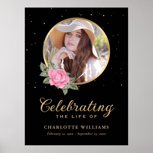 Black Pink Gold Floral Funeral Sign (Front)