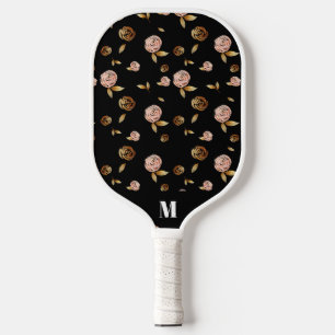 Black Pink Gold Rose Pattern   Modern Monogram Pickleball Paddle