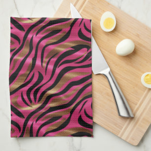 Black Pink Gold Zebra Stripes Animal Print Pattern Kitchen Towel