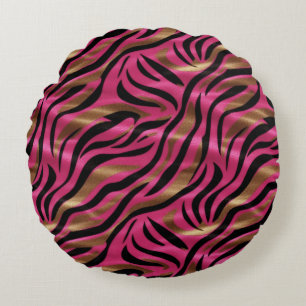 Black Pink Gold Zebra Stripes Animal Print Pattern Round Pillow