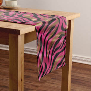 Black Pink Gold Zebra Stripes Animal Print Pattern Short Table Runner