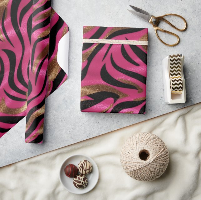 Black Pink Gold Zebra Stripes Animal Print Pattern Wrapping Paper (Crafts)