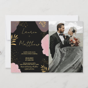 Black Pink Golden Wedding Invitations with photo