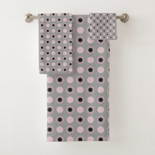 Black, pink, gray and white dots bath towel set