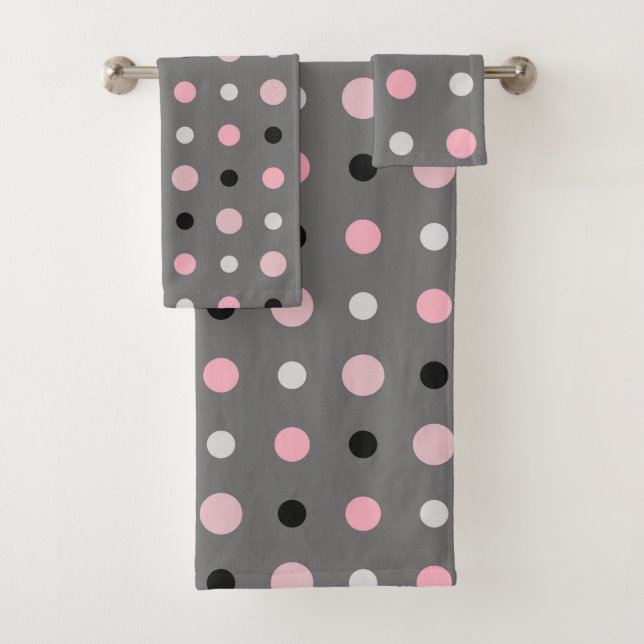 Black, pink, grey and white dots bath towel set (Insitu)