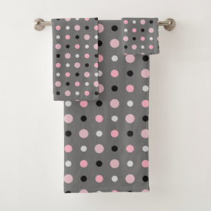 Black, pink, grey and white dots bath towel set