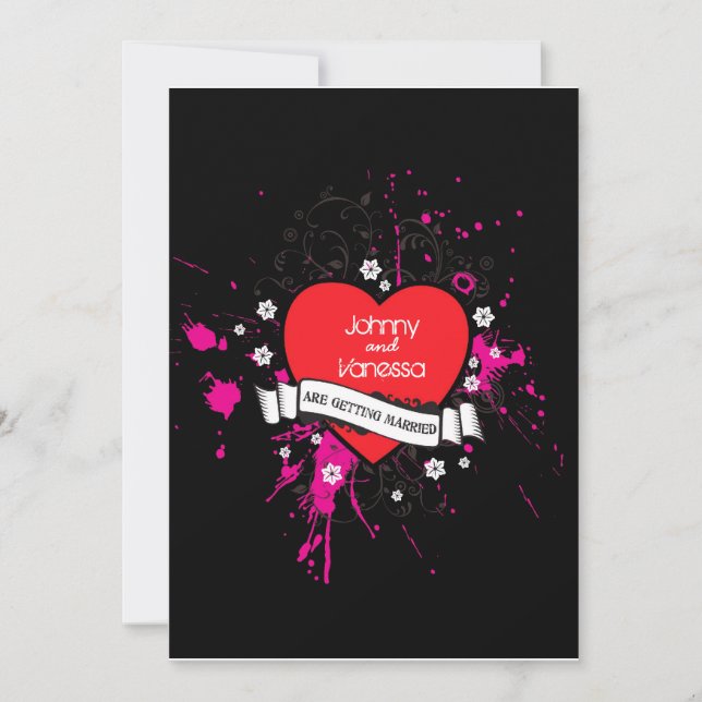 Black & Pink Grungy Heart Music Themed Wedding Invitation (Front)
