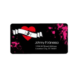 Black & Pink Grungy Heart Music Themed Wedding Label