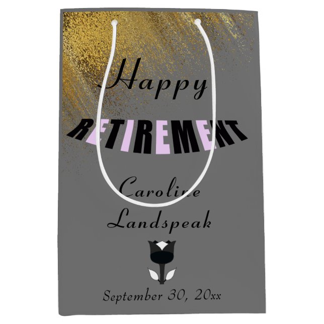 Black Pink Happy Retirement Glitter & Black Tulip Medium Gift Bag (Front)