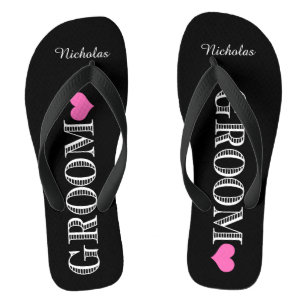 Black/Pink Heart Groom's Flip Flops