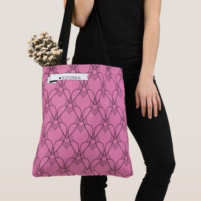 Black & Pink Heart Pattern Colouring Go-Bag Tote Bag (Close Up)