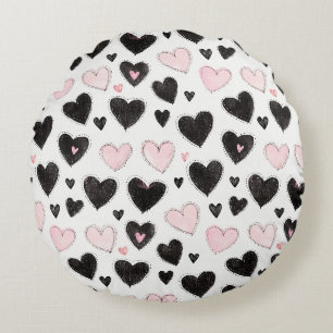 Black Pink Hearts Round Pillow