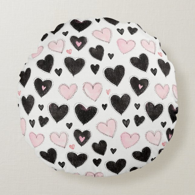 Black Pink Hearts Round Pillow (Front)