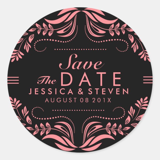 Black & Pink Lace Save The Date Sticker (Front)