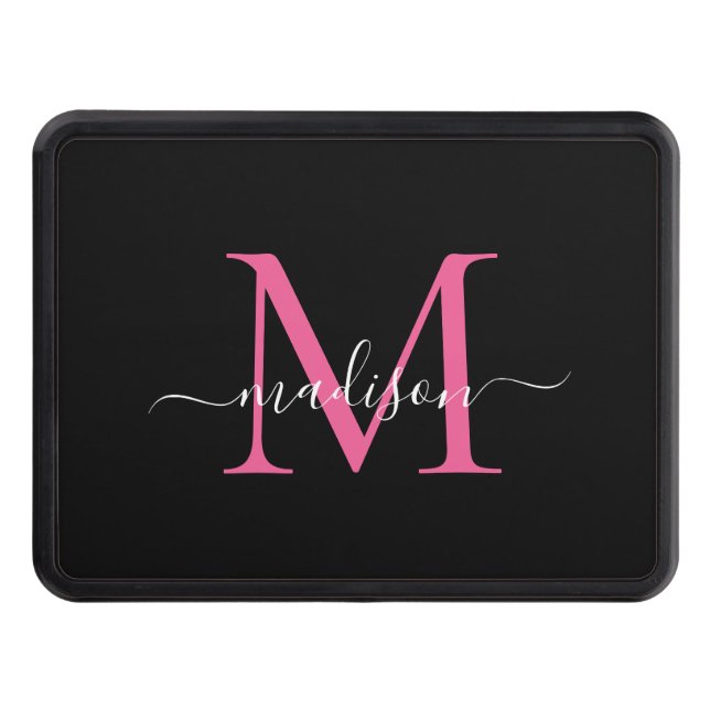 Black Pink Magenta Monogram Script Name Initial Trailer Hitch Cover (Front)