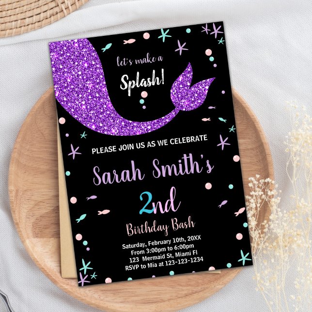 Black Pink Mermaid Tail Birthday Invitations (Black Pink Mermaid Tail Birthday Invitations)