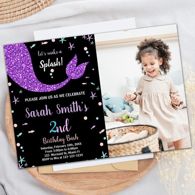 Black Pink Mermaid Tail Birthday with photo Invitation (Black Pink Mermaid Tail Birthday with photo Invitation)