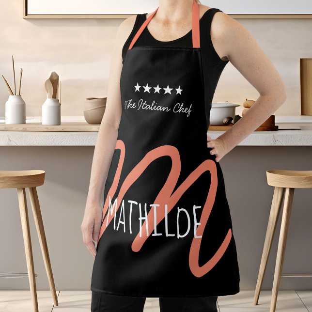 Black Pink Modern Script Monogram Chef Apron (Personalized Black Pink Modern Script Monogram Apron)