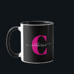 Black Pink Modern Stylish Script Monogram Name Mug<br><div class="desc">This minimalist combo mug with a last name monogram and cursive first name makes a bold statement. It can be easily customized with a pink and white monogram and name. Enjoy your favourite hot beverage in it and personalize and give it to family and friends for birthdays, anniversaries, house warmings...</div>