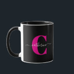 Black Pink Modern Stylish Script Monogram Name Mug<br><div class="desc">This minimalist combo mug with a last name monogram and cursive first name makes a bold statement. It can be easily customized with a pink and white monogram and name. Enjoy your favourite hot beverage in it and personalize and give it to family and friends for birthdays, anniversaries, house warmings...</div>
