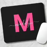 Black Pink Monogram Script Name Mouse Pad<br><div class="desc">Personalized Girly Modern Black and Pink Script Initial Monogram Mouse Pad. Add a touch of feminine charm and sophistication to your workspace with this chic mouse pad. It features a bold magenta hot pink initial centred on a sleek black background, creating a stylish and girly design. Perfect for students, professionals,...</div>