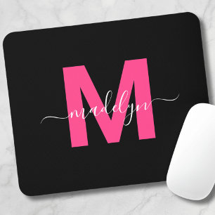 Black Pink Monogram Script Name Mouse Pad
