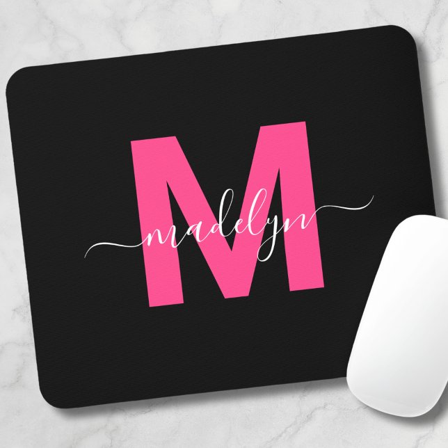 Black Pink Monogram Script Name Mouse Pad (Black Pink Monogram Script Name Mouse Pad )
