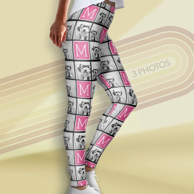 Black Pink Monogram with Custom 3 Photo Collage Leggings (Custom Photo Leggings)