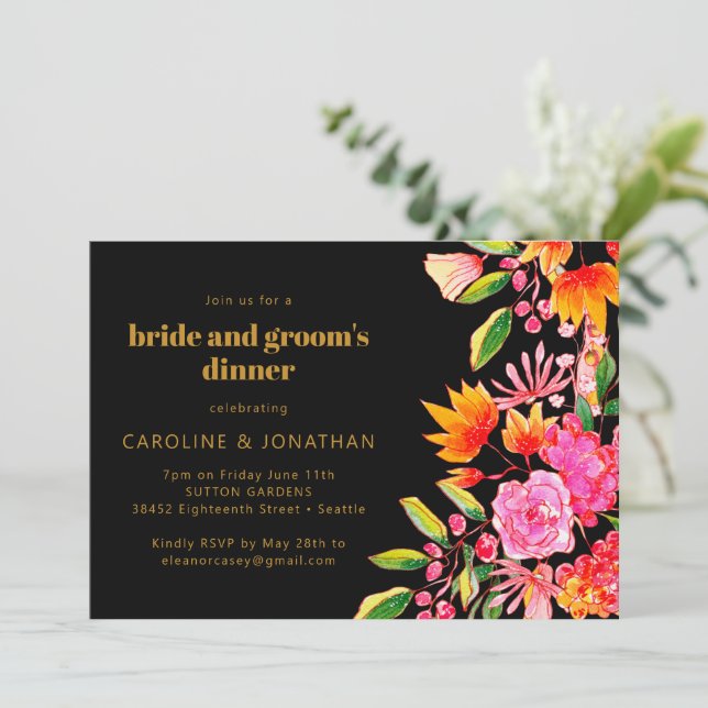 Black Pink Orange Floral Bride Groom Dinner Invitation (Standing Front)