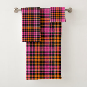 Black Pink Orange Plaid Tartan Design Bath Towel Set