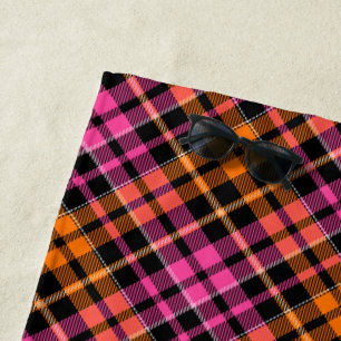 Black Pink Orange Plaid Tartan Design Beach Towel