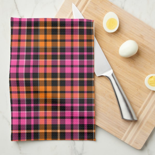 Black Pink Orange Plaid Tartan Design  Kitchen Towel (Quarter Fold)