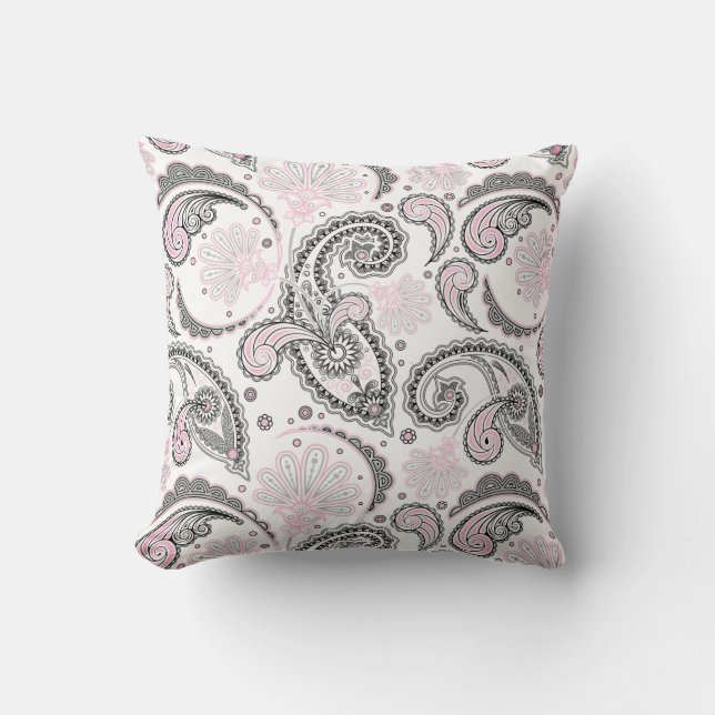 Black Pink Paisley Pattern Decorative Throw Pillow (Front)