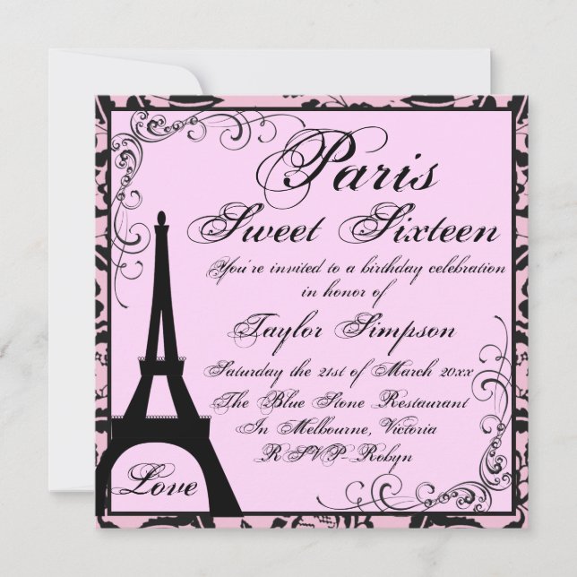 Black & Pink Paris Sweet16 Invitation d'anniversai (Devant)