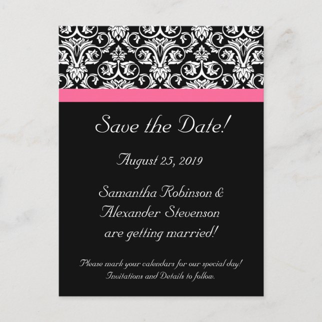 Black Pink Passion Damask Enregistrer la carte Dat (Devant)