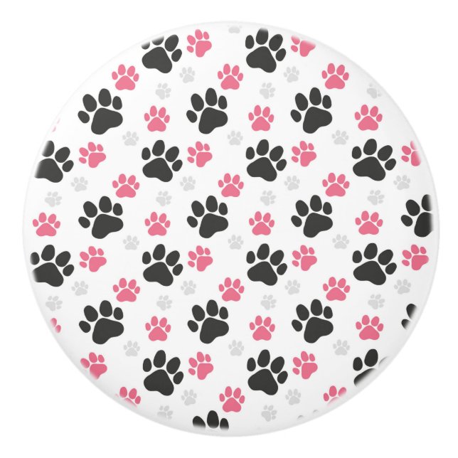 Black Pink Paw Print Dog Owner Puppy Lover Pets Ceramic Knob (Front)