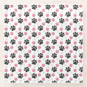 Black Pink Paw Print Dog Owner Puppy Lover Pets Glass Coaster