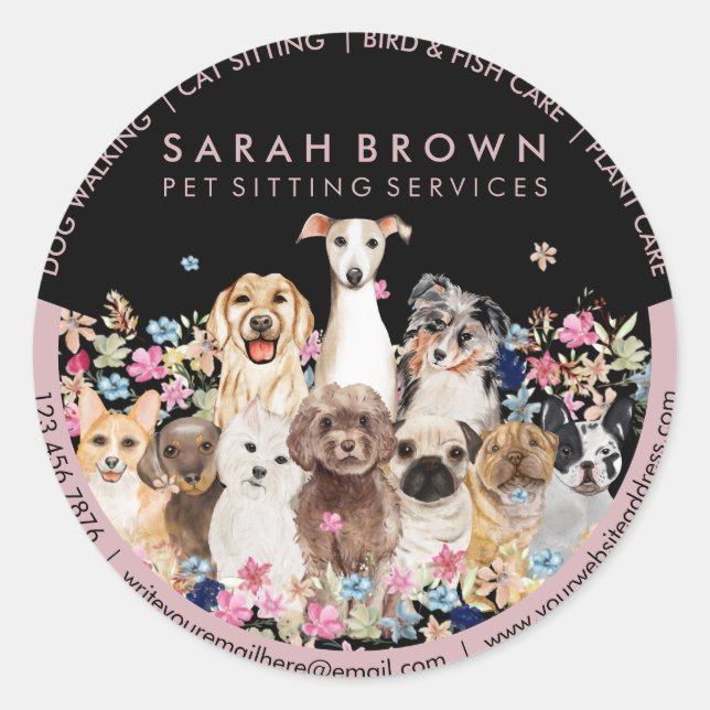 Black Pink Pet Sitting Boutique Floral Dogs Classic Round Sticker (Front)