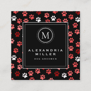 Black & Pink Puppy Dog Paw Prints   Monogram Square Business Card