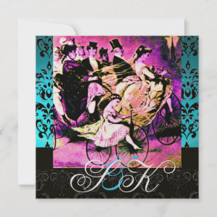 BLACK PINK PURPLE BICYCLE WEDDING DAMASK MONOGRAM INVITATION