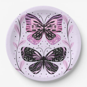 Black, Pink, Purple Butterflies  Paper Plate