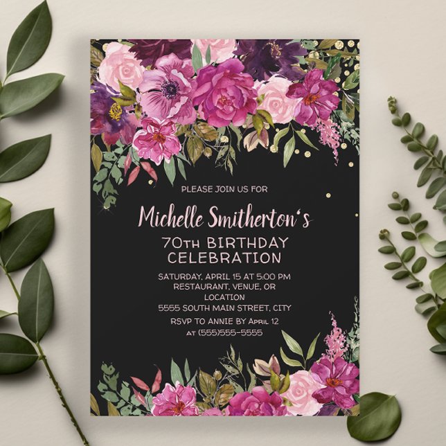 Black Pink Purple Floral Glitter 70th Birthday Invitation (Black 70th birthday invitation with pink and purple floral and gold glitter)