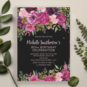 Black Pink Purple Floral Glitter 80th Birthday Invitation