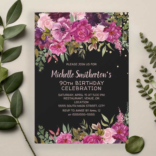 Black Pink Purple Floral Glitter 90th Birthday Invitation (Black 90th birthday party invitation with pink and purple floral and gold glitter)